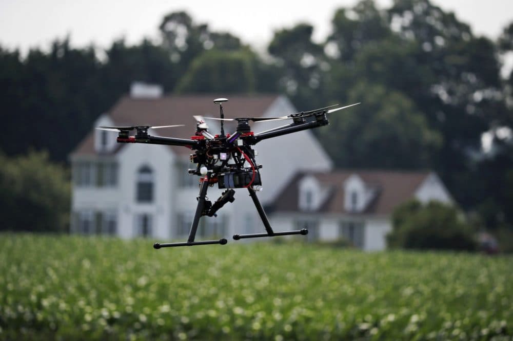 A hexacopter drone is flown in a demonstration at a farm and winery in Cordova, Maryland. The small, relatively inexpensive unmanned aerial vehicles could replace humans in a variety of ways around large farms, transmitting detailed information about crops, directing farmers to problem spots and cutting down on the amount of water and chemicals used. (Alex Brandon/AP)