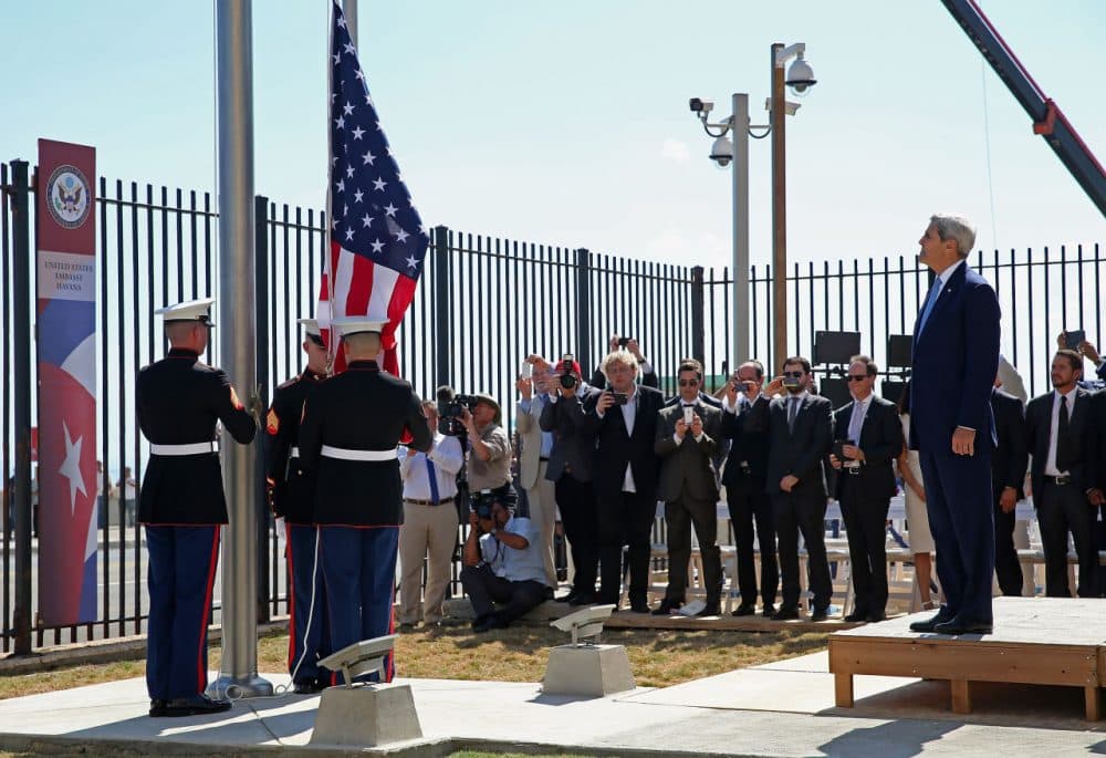 Secretary of State John Kerry watches as Marines raise the American flag at the U.S. Embassy August 14, 2015 in Havana, Cuba. (Chip Somodevilla/Getty Images)
