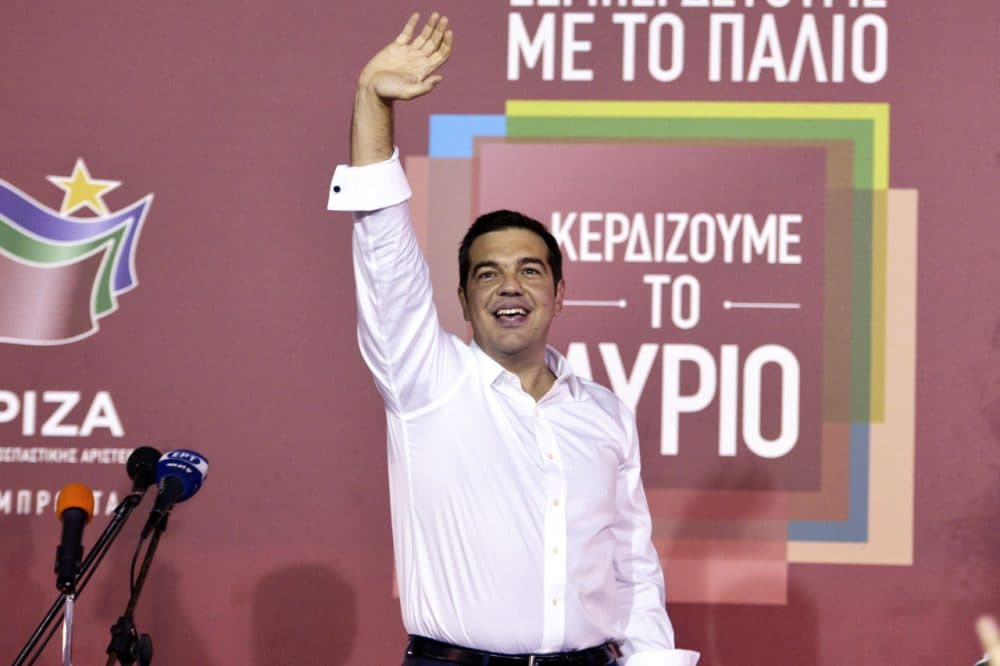 Former Greek prime minister and leader of leftist Syriza party Alexis Tsipras address supporters after winning the general election on September 20, 2015 in Athens, Greece. (Milos Bicanski/Getty Images)