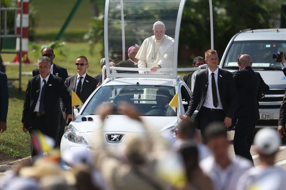 Pope Francis arrives in the Plaza de la Revolution to hold a Mass in the square on Sept. 21, 2015 in Holguin, Cuba. (Joe Raedle/Getty Images)