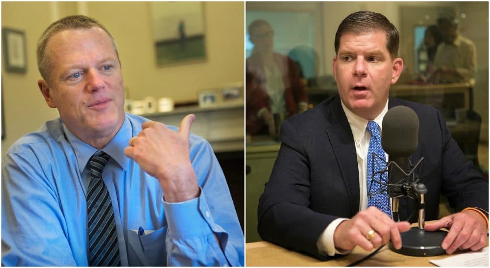 In recent months, Gov. Charlie Baker and Boston Mayor Marty Walsh have both refused to release their text messages. Tom Keane argues they are right to do so. Gov. Baker is pictured in his office at the State House; Mayor Walsh is pictured as a guest on Radio Boston. Both photos were taken on April 17, 2015 by WBUR's  Jesse Costa. 