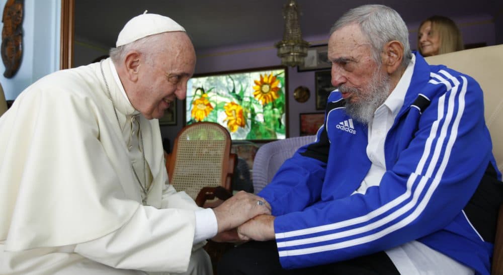 Pope Francis meets Fidel Castro in Havana, Cuba, Sunday, Sept. 20, 2015. The Vatican described the 40-minute meeting at Castro's residence as informal and familial, with an exchange of books. (Alex Castro/ AP)