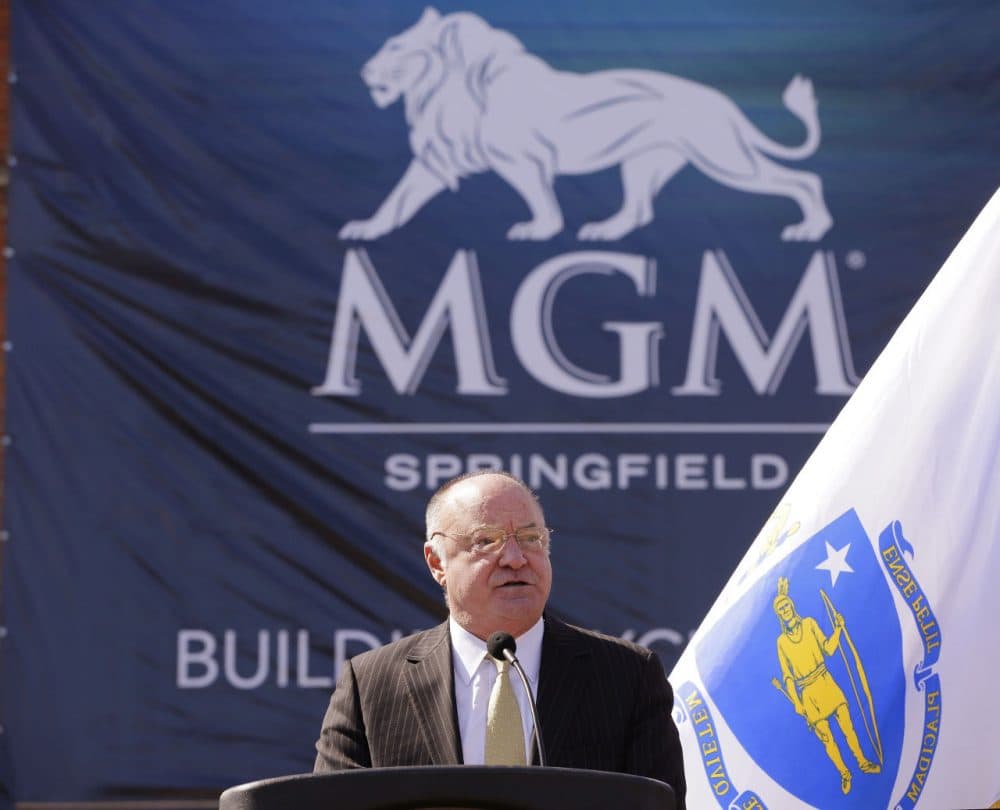 Massachusetts Gaming Commission Chair Stephen Crosby speaks during a ground breaking ceremony for the $800 million MGM casino resort scheduled to open in 2017, Tuesday, March 24, 2015, in Springfield, Mass. (Stephan Savoia/AP)