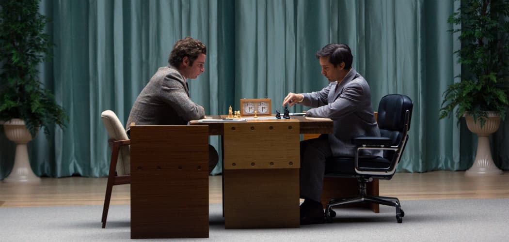 Liev Schreiber as Boris Spassky and Tobey Maguire as Bobby Fischer in &quot;Pawn Sacrifice.&quot; (Courtesy)
