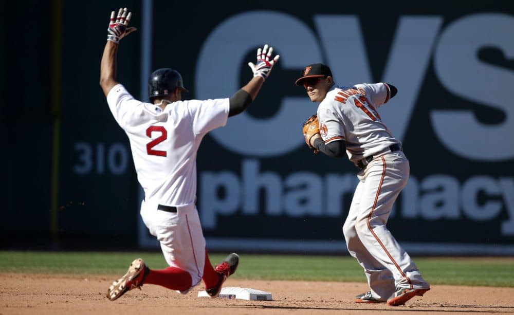Boston Red Sox's Xander Bogaerts (2) is forced out at second base as Baltimore Orioles' Manny Machado turns the double play on David Ortiz during the sixth inning during a game at Fenway Park on Sunday.  (Michael Dwyer/AP)