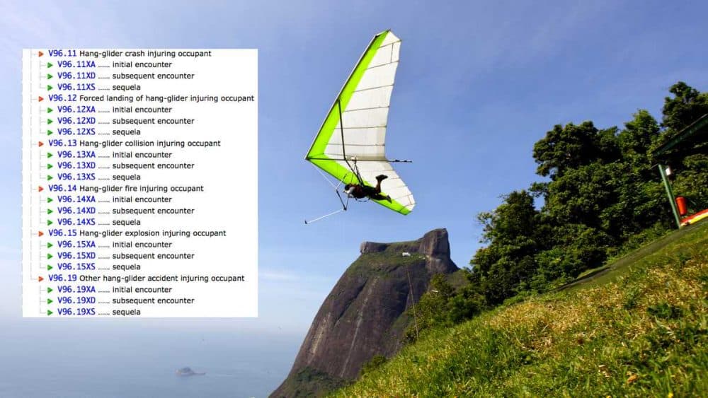 When ICD-10 is implemented, hang glider accidents will finally become part of the official medical billing code. (Image via WHYY using 2015 Diagnosis Codes from ICD10Data.com and ShutterStock photo)