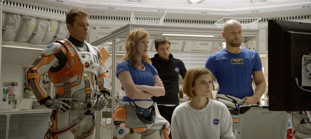 Matt Damon, Jessica Chastain, Sebastian Stan, Kate Mara and Aksel Hennie portray the crew members of the fateful mission to Mars in &quot;The Martian.&quot; (Courtesy 20th Century Fox)