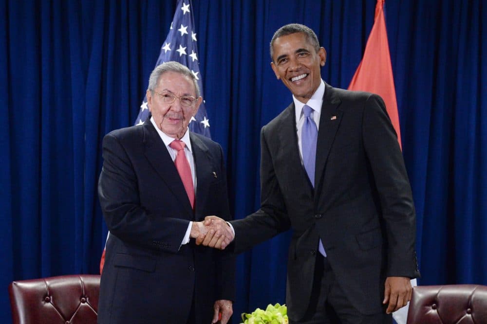 U.S. President Barack Obama (right) and President Raul Castro (left) of Cuba shake hands during a bilateral meeting at the United Nations Headquarters on September 29, 2015 in New York City. Castro and Obama are in New York City to attend the 70th anniversary general assembly meetings. (Anthony Behar/Getty Images)