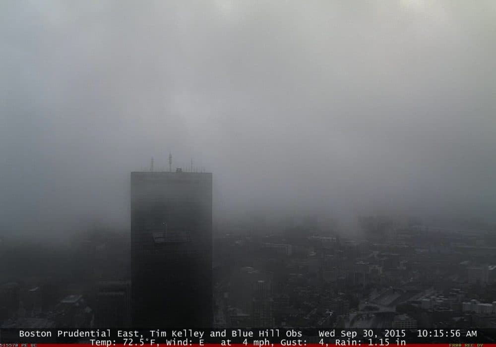 The view from a web camera set atop Boston's Prudential Center. The still was taken at 10:15 a.m. on Wednesday after more than inch of rain reportedly fell on the city. (Courtesy Blue Hill Observatory &amp; Science Center)
