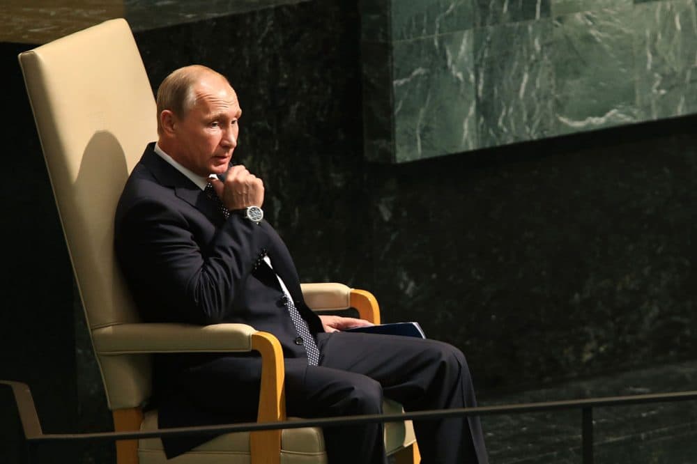 Russian President Vladimir Putin sits before speaking at the United Nations General Assembly at U.N. headquarters on September 28, 2015 in New York City. The ongoing war in Syria and the refugee crisis it has spawned are playing a backdrop to this years 70th annual General Assembly meeting of global leaders. (Spencer Platt/Getty Images)