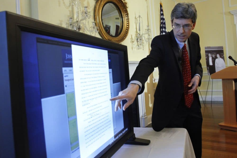 Thomas Putnam, who just announced his resignation as director of the John F. Kennedy Presidential Library, demonstrates the JFK Digital Archive on Jan. 13, 2011. (Jacquelyn Martin/AP)