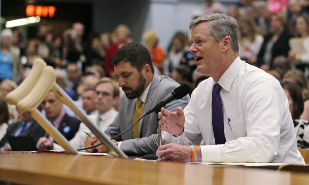 Gov. Charlie Baker testifies at a hearing regarding two energy bills at the State House Tuesday. (Charles Krupa/AP)