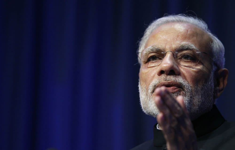 Indian Prime Minister Narendra Modi speaking in Ireland on Sept. 23. He will be visiting Silicon Valley Saturday, Sept. 26, hoping to create a stronger relationship between the nation’s largest tech companies and India. (Peter Morrison/AP)