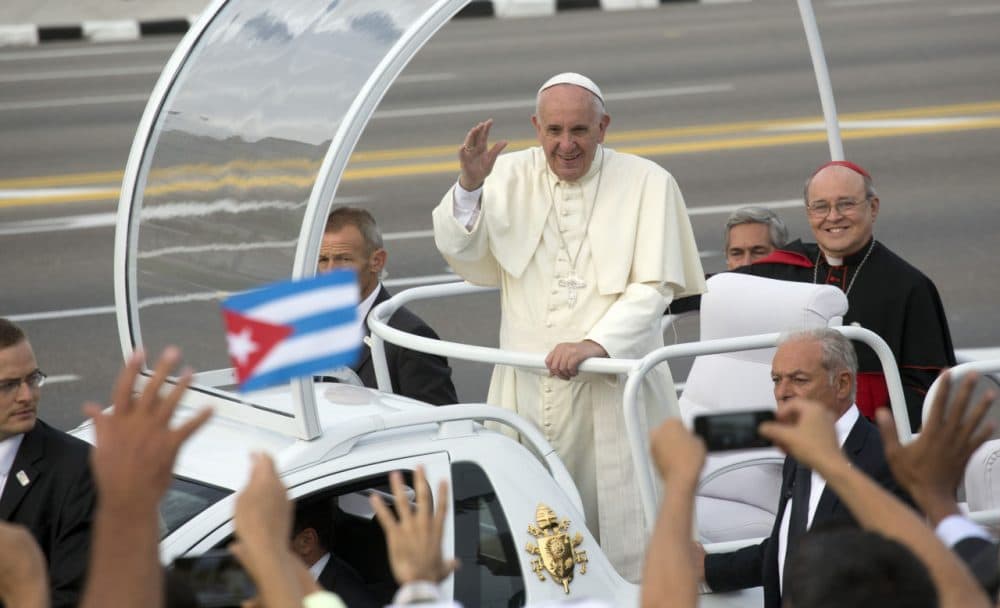Pope Francis arrives for Mass at Revolution Plaza in Havana, Cuba, Sunday, Sept. 20, 2015.  (AP Photo/Ramon Espinosa)