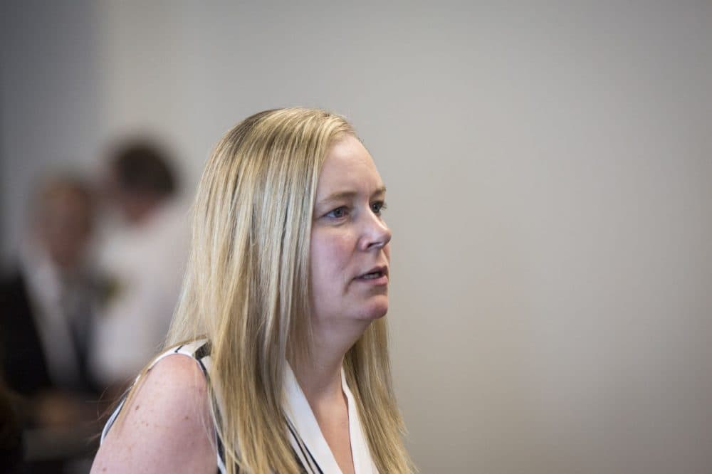 Aisling Brady McCarthy leaves court proceedings at Middlesex Superior Court in Woburn in July. (Keith Bedford/The Boston Globe/Pool)