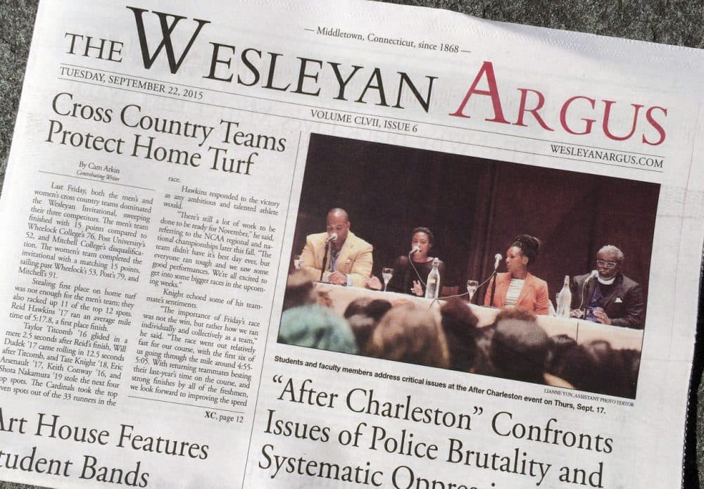 The Wesleyan Argus student newspaper is displayed Thursday, Sept. 24, 2015, on the campus of Wesleyan University in Middletown, Conn. The paper is coming under fire after printing an opinion piece critical of the Black Lives Matter movement. (Michael Melia/AP)