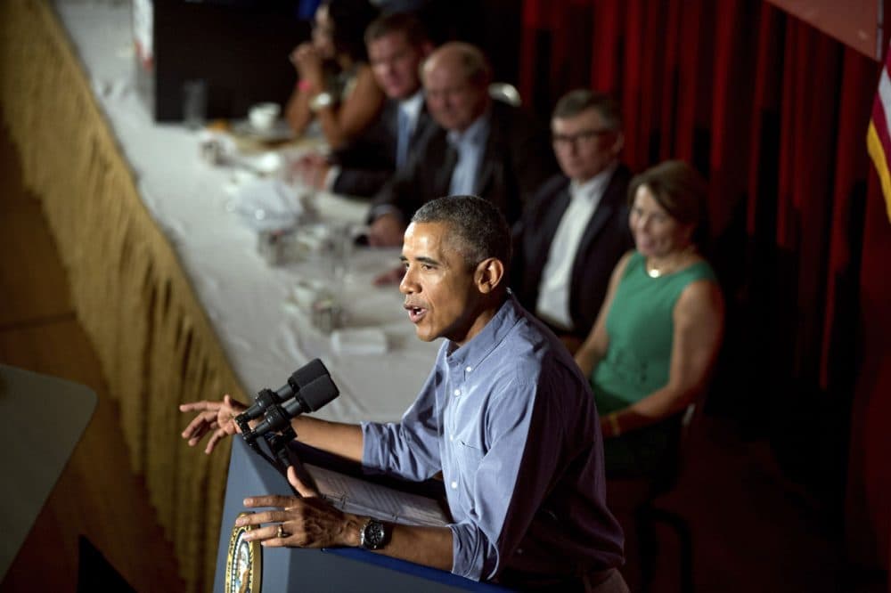 President Obama speaks at the Greater Boston Labor Council Labor Day Breakfast Monday. (Andrew Harnik/AP)