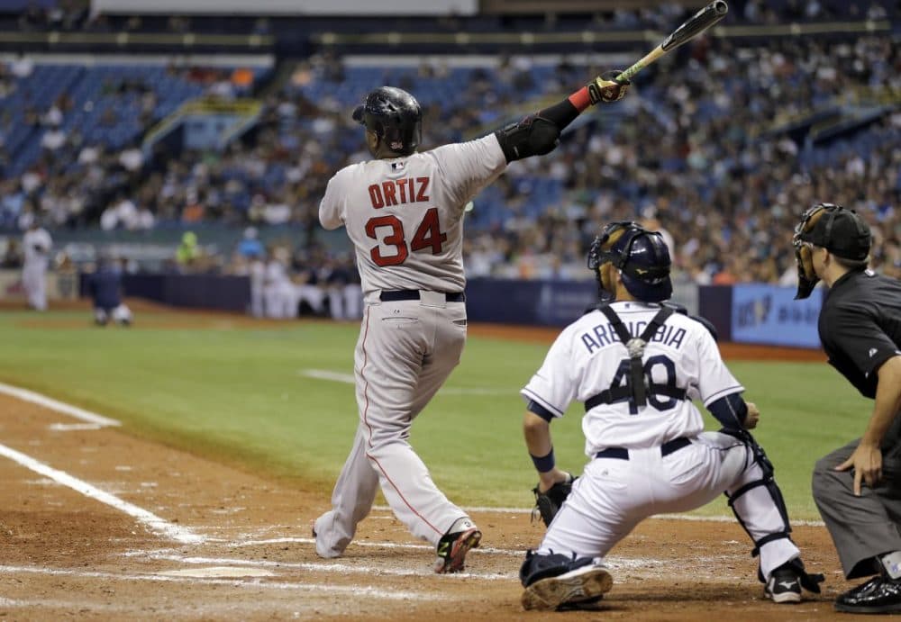 David Ortiz watches his 500th career home run off Tampa Bay Rays starting pitcher Matt Moore during the fifth inning of a baseball game.
 (Chris O'Meara/AP)