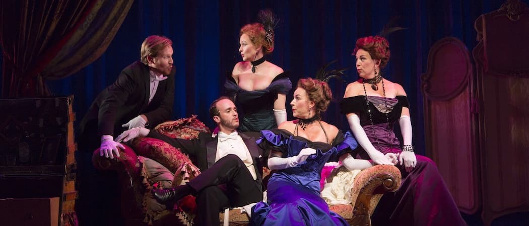 The chorus of &quot;A Little Night Music&quot; at the Huntington Theatre Company.  From left to right, Andrew O’Shanick, Nick Sulfaro, Aimee Doherty,  Wendi Bergamini  and Amy Barker.  Four of the singers (excluding Bergamini) are among several local actors in the production. (Courtesy T. Charles Erickson/Huntington Theatre Company)
