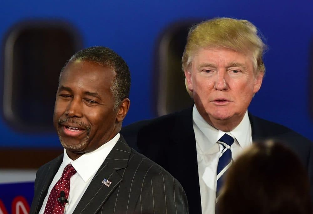 Republican presidential hopefuls  Ben Carson and Donald Trump at a GOP debate on Sept. 16, 2015 at the Ronald Reagan Presidential Library. (Frederic J. Brown/AFP/Getty Images)