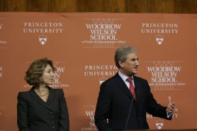 Anne-Marie Slaughter, former Dean of Princeton University's Woodrow Wilson School, stands next to former Pakistan foreign minister Shah Mahmood Qureshi in Princeton, N.J., Wednesday, Oct. 1, 2008. (AP)