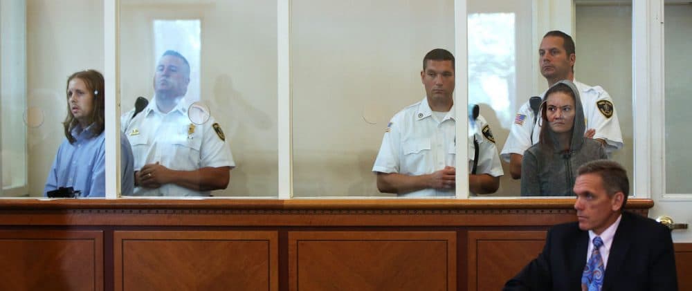 Rachelle Bond and Michael McCarthy appeared in court Monday morning to face charges in the death of Bond's daughter, Bella. (Pat Greenhouse/The Boston Globe via AP, Pool)