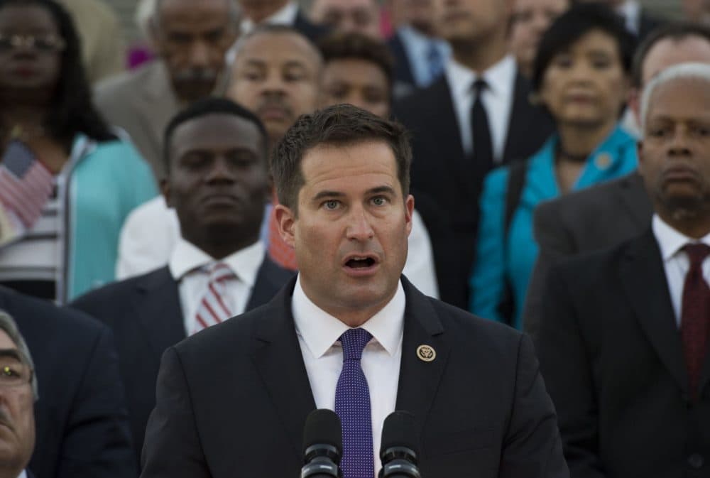 Rep. Seth Moulton, D-Mass., speaks with Democratic members of congress and other guests in favor of the Iran agreement at the U.S. Capitol in Washington, Tuesday, Sept. 8, 2015.  (AP Photo/Molly Riley)
