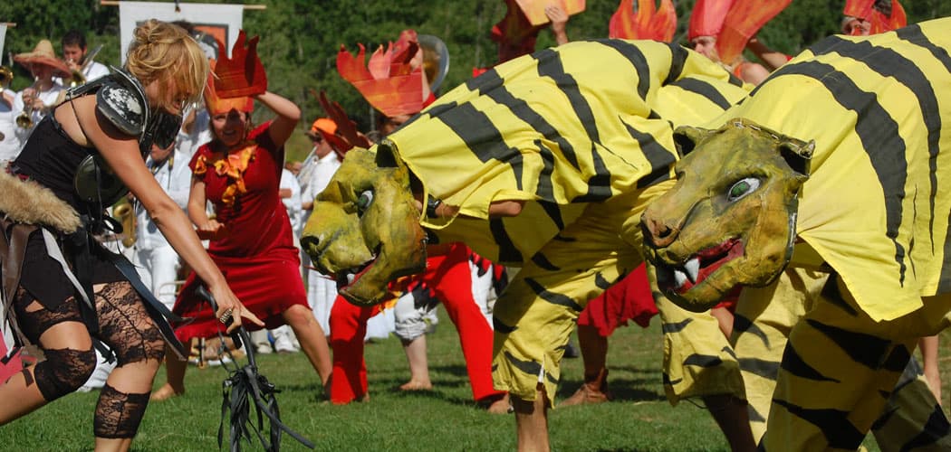Bread and Puppet Theater's “The Overtakelessness Circus” as performed in Glover, Vermont, on Aug. 23. (Greg Cook/WBUR)