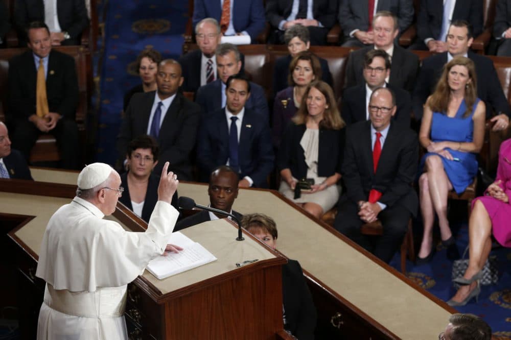 Pope Francis addresses a joint meeting of Congress today, making history as the first pontiff to do so. (AP Photo/Evan Vucci)