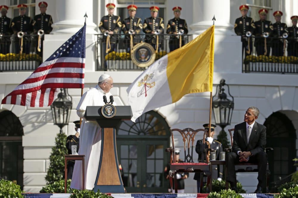 Are Catholics coming back to the church?  Pope Francis spoke to Americans of all religions and classes this morning on the White House lawn. (AP Photo/Pablo Martinez Monsivais)