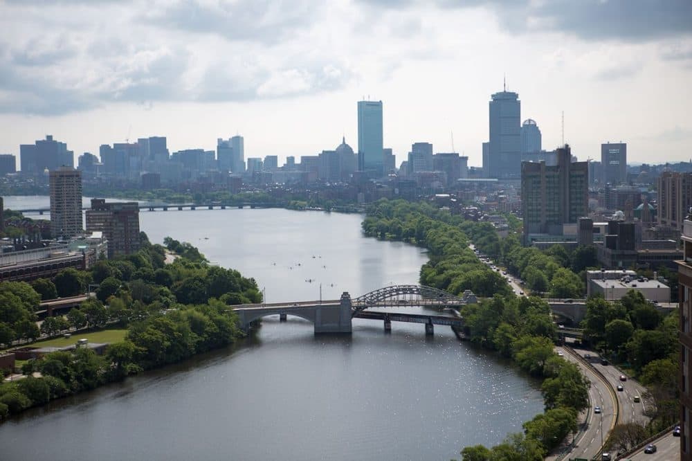 The Charles River looking east and the Boston skyline. (Jesse Costa/WBUR)