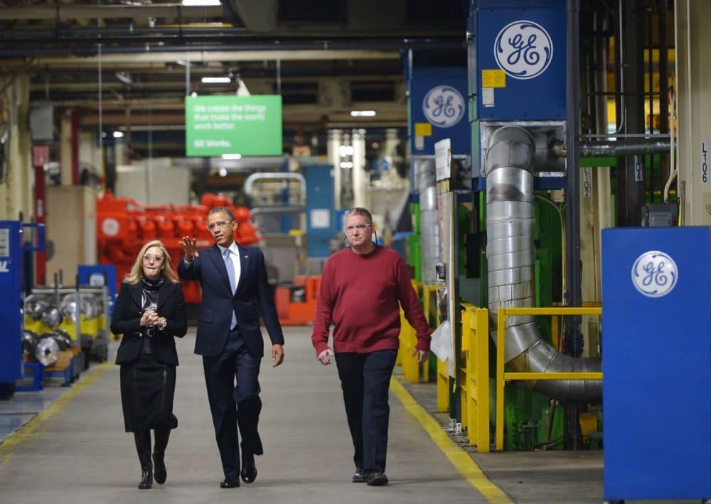 US President Barack Obama tours the General Electric Waukesha Gas Engines facility on January 30, 2014 in Waukesha, Wisconsin. The President is expected to discuss taking executive action to enhance reform of job training programs. GE's Waukesha gas engines plant, is a facility that employs around 700 people and manufactures natural gas engines. AFP PHOTO/Mandel NGAN        (Photo credit should read MANDEL NGAN/AFP/Getty Images)
President Barack Obama toured the General Electric Waukesha Gas Engines facility in 2014 in Waukesha, Wisconsin. The company has just announced they will pull over 300 manufacturing jobs at the Waukesha facility. (Mandel Ngan/AFP/Getty Images)