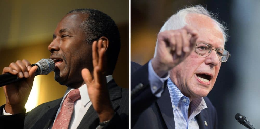 Republican presidential candidate Ben Carson, left, and  Democratic presidential candidate Senator Bernie Sanders (I-VT), are among those responding to the shooting in Oregon. (Darren McCollester and Scott Olson/Getty Images)