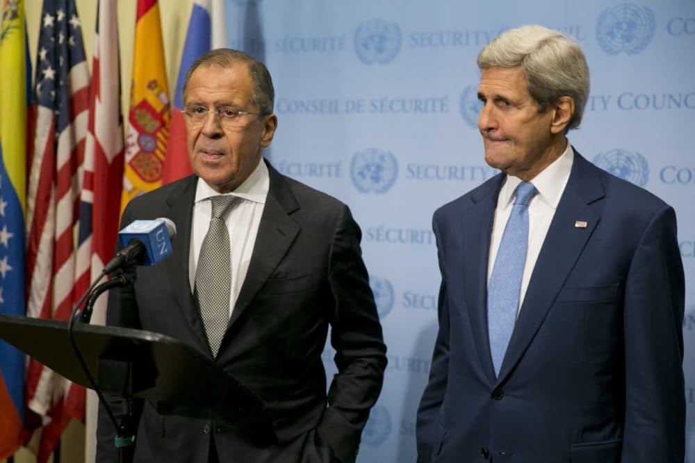 U.S. Secretary of State John Kerry (right) and Russian Foreign Minister Sergey Lavrov speak to the media after a meeting concerning  Syria at the United Nations headquarters in New York on September 30, 2015. ( Dominick Reuter/AFP/Getty Images)
