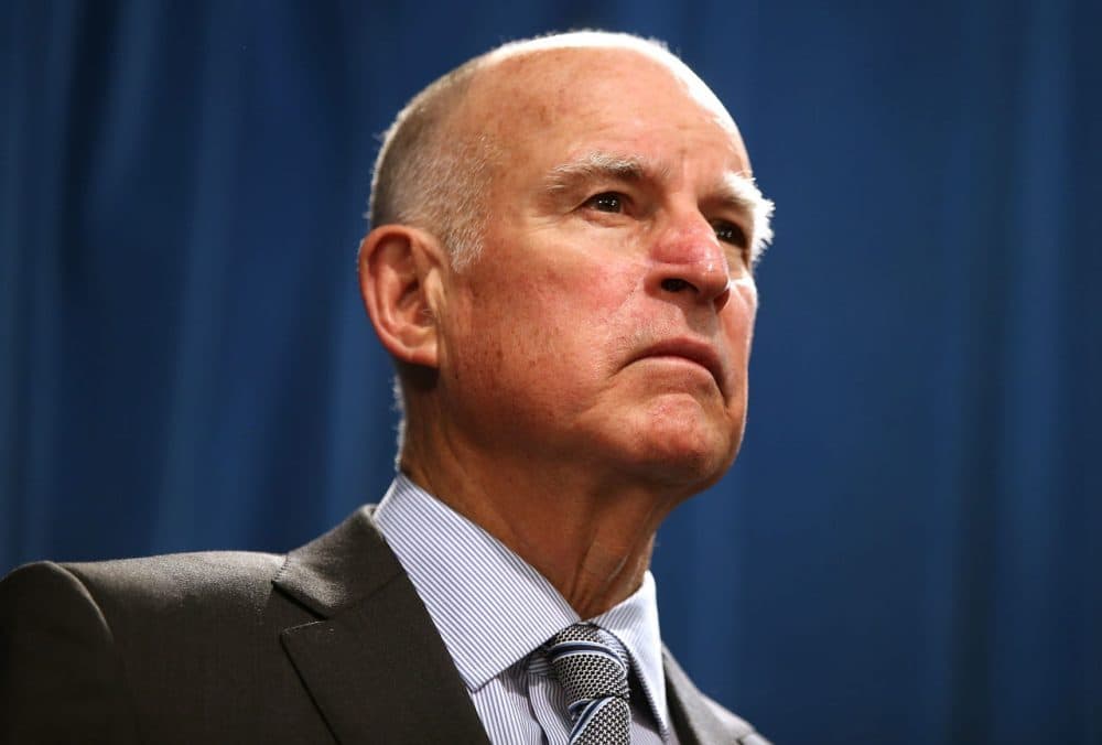 California Gov. Jerry Brown speaks during a news conference to announce emergency drought legislation on March 19, 2015 in Sacramento, California. As California enters its fourth year of severe drought, California Gov. Jerry Brown joined Senate President pro Tempore Kevin de Leon, Assembly Speaker Toni Atkins, Republican Leaders Senator Bob Huff and Assembly member Kristin Olsen to announce emergency legislation that aims to assist local communities that are struggling with devastating drought. (Justin Sullivan/Getty Images)