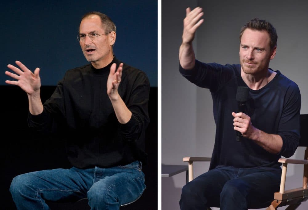 In this composite image, a comparison has been made between Steve Jobs (L) and actor Michael Fassbender. Actor Michael Fassbender will play Steve Jobs in a film biopic 'Steve Jobs' directed by Danny Boyle.  LEFT IMAGE:  Apple CEO Steve Jobs gestures as he answers questions from the media at the Apple headquarters March 6, 2008 in Cupertino, California. (David Paul Morris/Getty Images)  RIGHT IMAGE:  Actor Michael Fassbender attends &quot;Meet The Actor&quot; at Apple Store Soho on August 7, 2014 in New York City.  (Dimitrios Kambouris/Getty Images)