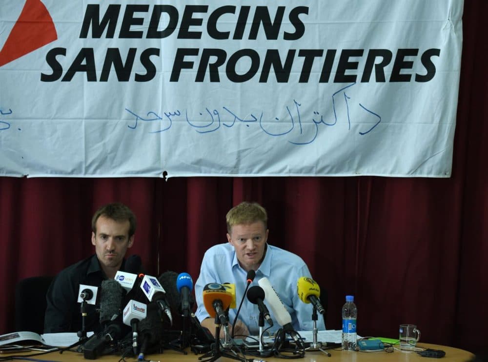 General Director of Doctors Without Borders, or Médecins Sans Frontières (MSF), Christopher Stokes (right) and Country Representative for MSF in Afghanistan Guilhem Molinie speak during a press conference at the MSF office in Kabul on October 8, 2015. U.S. President Barack Obama apologized to Doctors Without Borders (MSF) on October 7 for a deadly U.S. airstrike on an Afghan hospital, as the medical charity demanded an international investigation. Three separate probes -- by the U.S. military, NATO and Afghan officials -- are underway into the October 3 strike in Kunduz that left 22 people dead. (Wakil Kohsar/AFP/Getty Images)