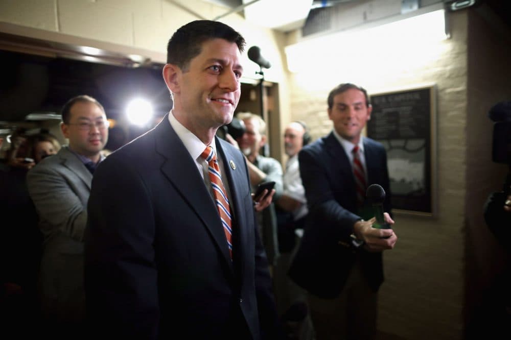 House Ways and Means Committee Chairman Paul Ryan (R-WI) heads for House Republican caucus meeting in the basement of the U.S. Capitol October 9, 2015 in Washington, D.C. Many GOP members of the House are asking Ryan to be a candidate to succeed Speaker of the House John Boehner (R-OH) whose plans to retire at the end of October have been thrown into question after Majority Leader Kevin McCarthy (R-CA) announced Thursday he was pulling out of the race for Speaker.  (Chip Somodevilla/Getty Images)