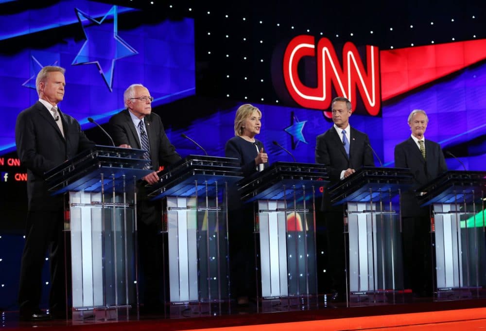 From left, Democratic presidential candidates Jim Webb, U.S. Sen. Bernie Sanders (I-VT), Hillary Clinton, Martin O'Malley and Lincoln Chafee take part in presidential debate sponsored by CNN and Facebook at Wynn Las Vegas on October 13, 2015 in Las Vegas, Nevada. (Joe Raedle/Getty Images)
