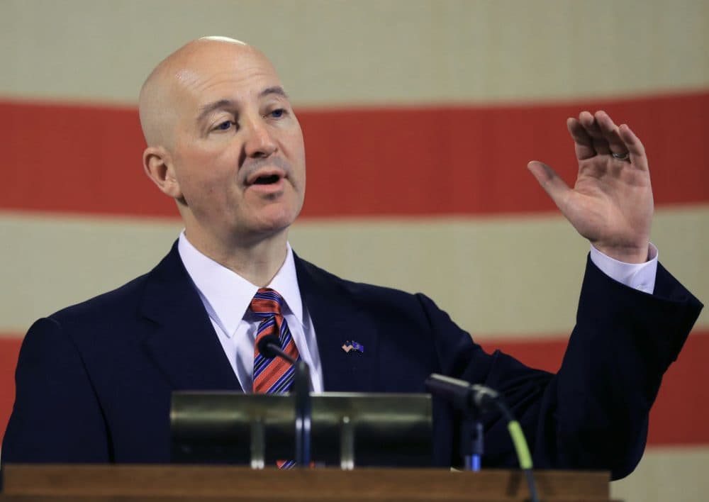Nebraska Gov. Pete Ricketts gestures during a news conference in Lincoln, Neb., Wednesday, May 20, 2015. Gov. Ricketts voiced his opposition to a bill to abolish the death penalty which is up for a final vote before the Legislature on Wednesday, and promised to veto the bill should it pass. (Nati Harnik/AP)