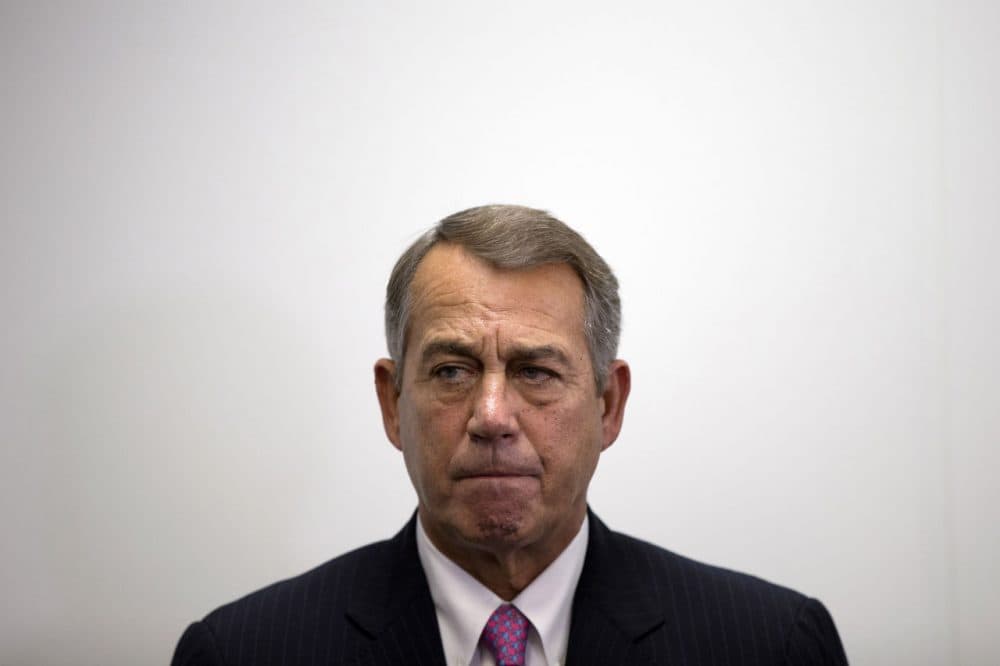 On Oct. 7, 2015, outgoing House Speaker John Boehner of Ohio listens as House Majority Leader Kevin McCarthy of California, speaks during a news conference on Capitol Hill in Washington. Speaking on “Fox News Sunday,” on Sunday, Oct. 11, 2015, Freedom Caucus Chairman Jim Jordan of Ohio said his group would “look favorably” on U.S. Rep. Paul Ryan if he runs for speaker, but for now the group is sticking with its endorsement of Florida’s Rep. Daniel Webster. (Evan Vucci/AP Photo)
