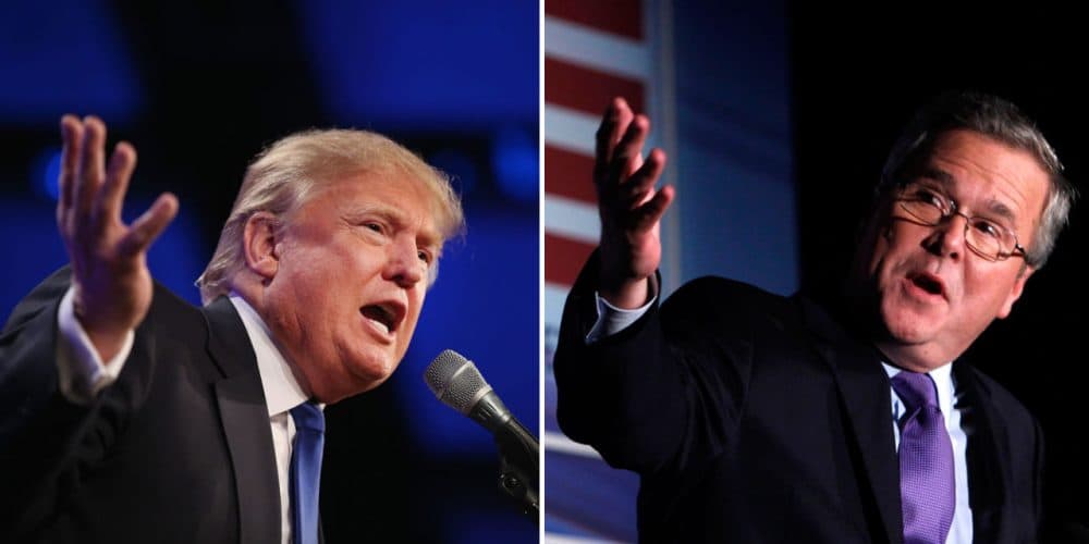 At left, Donald Trump is pictured on May 16, 2015 in Des Moines, Iowa. (Scott Olson/Getty Images) At right, Jeb Bush is pictured in Miami on Jan. 26, 2012. (Wilfredo Lee/AP)
