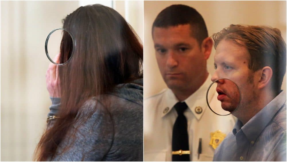 Rachelle Bond (left) and Michael McCarthy (right) attend a hearing in Dorchester District Court on Tuesday. (Wendy Maeda/The Boston Globe via AP)