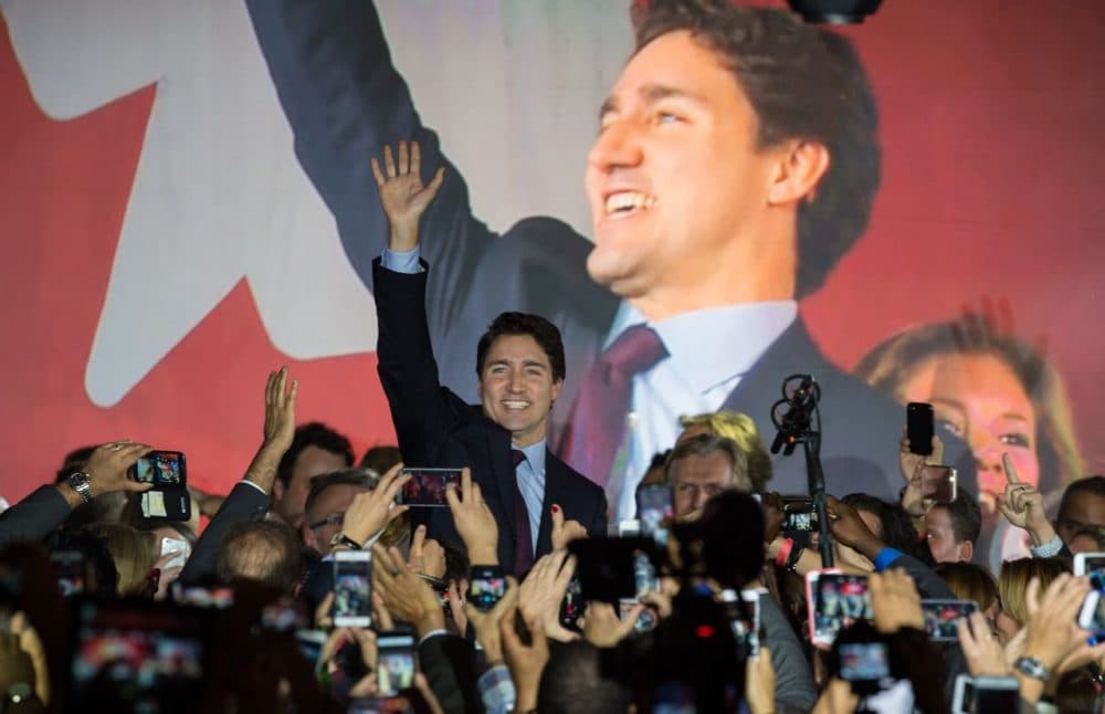 Canadian Liberal Party leader Justin Trudeau arrives on stage in Montreal on October 20, 2015 after winning the general elections. (Nicholas Kamm/AFP/Getty Images)
