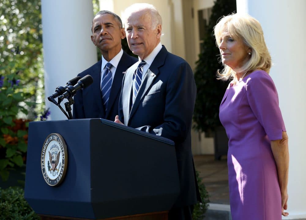 Vice President Joe Biden, flanked by President Barack Obama and his wife Jill Biden, announces that he will not seek the presidency during a statement in the Rose Garden of the White House October 21, 2015, in Washington, D.C. Citing the death of his oldest child, Biden said he is closing the exploration process of mounting a campaign for the presidency. (Win McNamee/Getty Images)
