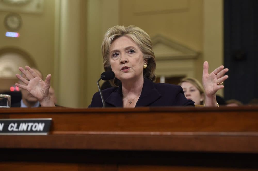 Former Secretary of State and Democratic presidential hopeful Hillary Clinton testifies before the House Select Committee on Benghazi on Capitol Hill in Washington, D.C., October 22, 2015. Clinton took the stand Thursday to defend her role in responding to deadly attacks on the U.S. mission in Libya, as Republicans forged ahead with an inquiry criticized as partisan anti-Clinton propaganda. (Saul Loeb/AFP/Getty Images)