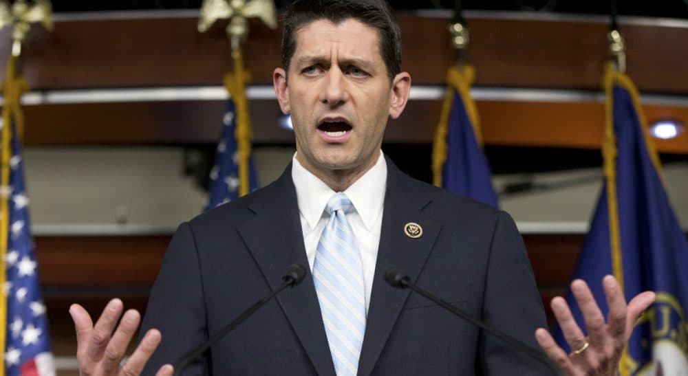 Eileen McNamara: It’s great that weekends at home are sacred to the Republican congressman from Wisconsin. But that is his family time he is out to protect, not yours. In this photo, Rep. Paul Ryan, R- Wis., speaks at a news conference, Tuesday, Oct. 20, 2015, in Washington. (Andrew Harnik/ AP)