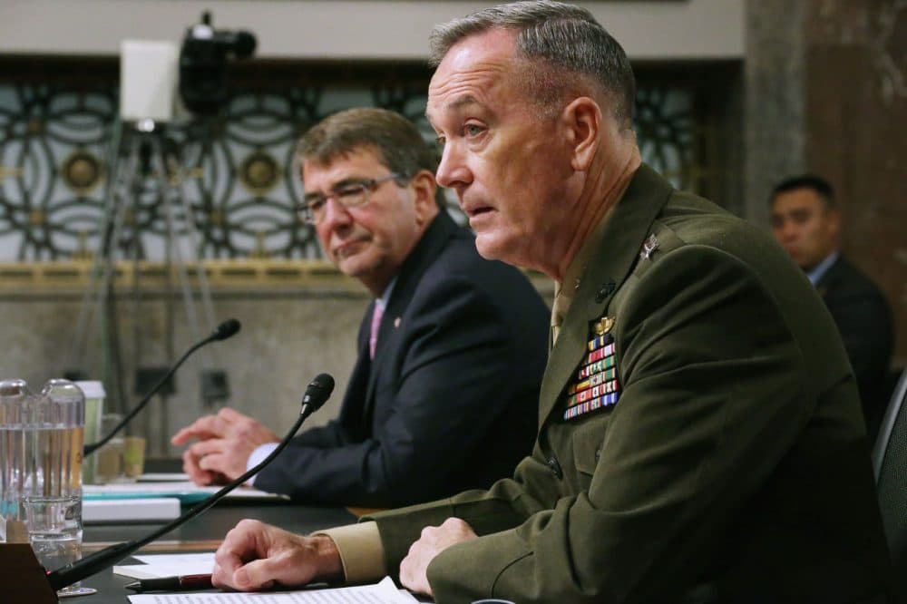 Defense Secretary Ashton Carter (left) and Joint Chiefs of Staff Chairman Gen. Joseph Dunford Jr. testify before the Senate Armed Services Committee about the U.S. military strategy in the Middle East in the Dirksen Senate Office Building on Capitol Hill October 27, 2015 in Washington, D.C. Carter testified about changes in the strategy that will continue to support Iraqi forces and pro-Western forces in Syria in the fight against ISIS and the Assad regime. (Chip Somodevilla/Getty Images)