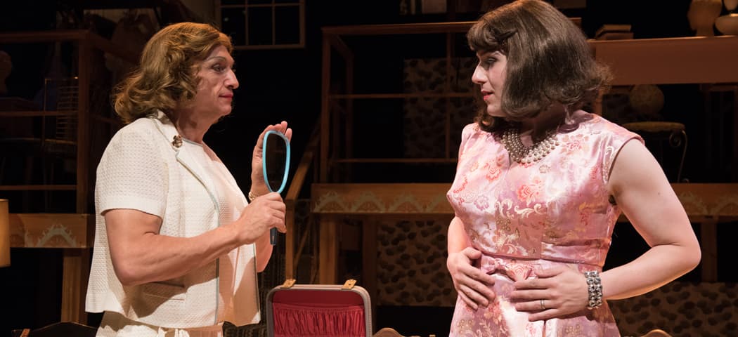 Charlotte (Will McGarrahan) holds a mirror for Miranda (Greg Maraio) in the SpeakEasy Stage Company's production of &quot;Casa Valentina.&quot; (Glenn Perry)