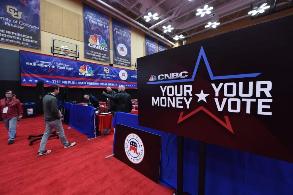 Preparations are underway on October 27, 2015, for the third Republican debate, hosted by CNBC at the Coors Event Center on the University of Colorado campus in Boulder, Colorado. (Robyn Beck/AFP/Getty Images)